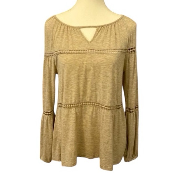 Fall Boho Peasant Tunic Top – Sz S Beige Crochet Trim, Long Flowy Bell Sleeves‎ - Picture 1 of 8